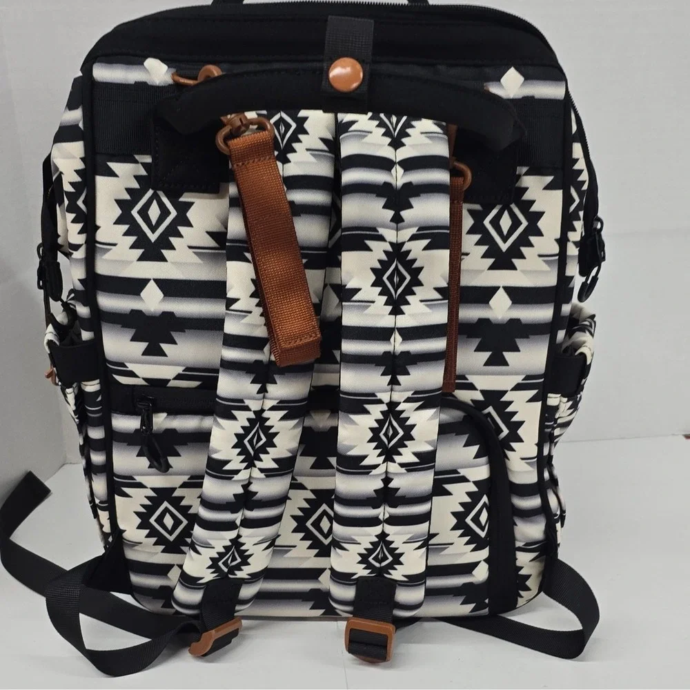 Wrangler Black & White Geometric Backpack Diaper Bag, Adjustable Strap, Pockets